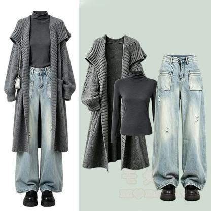 Vintage Loose Long Knit Cardigan Wide Leg Jeans Three Pieces Set - Set - 3XL - image 1