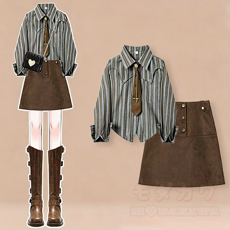 Vintage College Style Stripe Shirt With Tie High Waist Skirt Two Pieces Set - Set(Including Tie) - 3XL - image 1