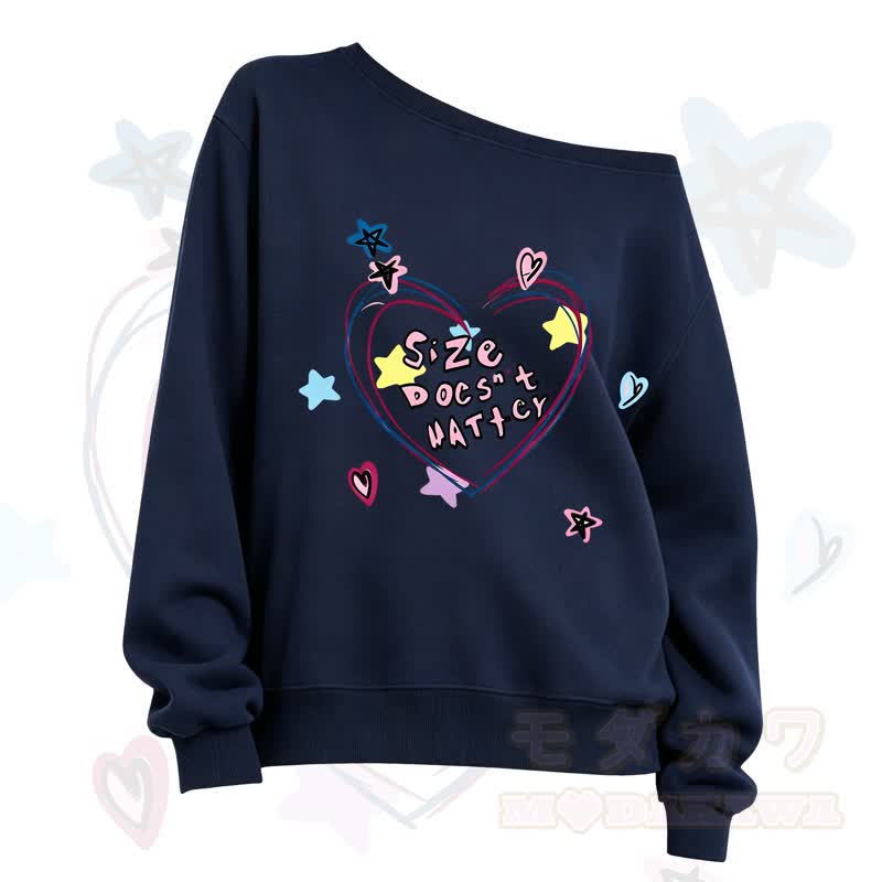 MMODAKAWA SIZE DOESN'T MATTER Heart Print Slant Shoulder Sweatshirt - Navy Blue - 3XL - image 1