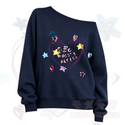 MMODAKAWA SIZE DOESN'T MATTER Heart Print Slant Shoulder Sweatshirt - Navy Blue - 3XL - image 1
