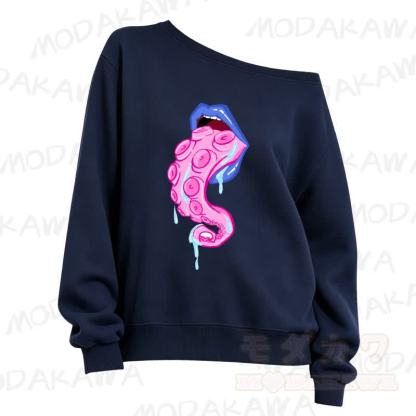 MMODAKAWA Lips Octopus Tentacle Print Slant Shoulder Sweatshirt - Navy Blue - 3XL - image 1