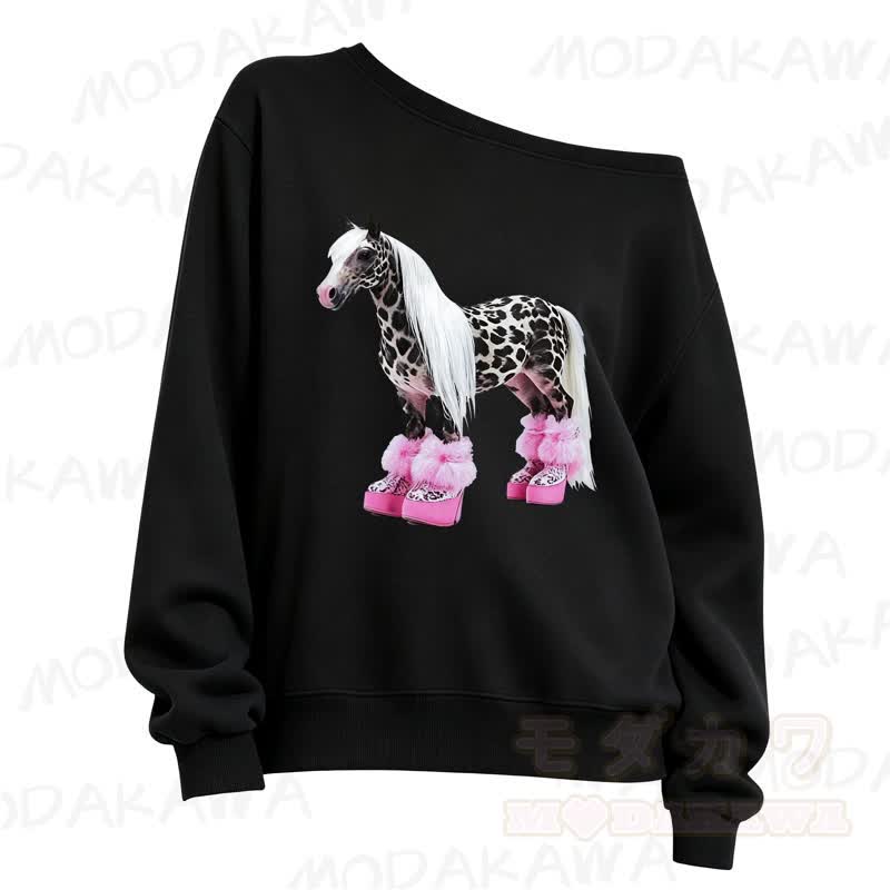 MMODAKAWA Cute Spotted Horse Print Slant Shoulder Long Sleeve Sweatshirt - Black - 3XL - image 1