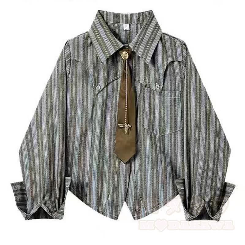 Vintage Stripe Shirt Washed Wide Leg Denim Pants Two Pieces Set - Top - 3XL - image 4