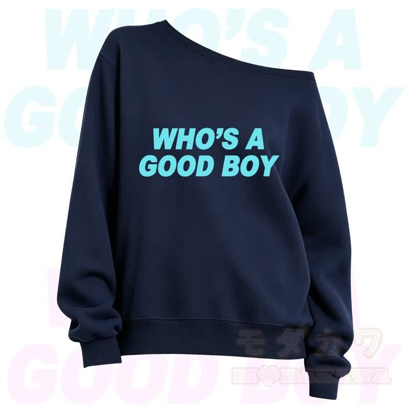 MMODAKAWA Who's A Good Boy Slant Shoulder Long Sleeve Sweatshirt - Navy Blue A - 3XL - image 3