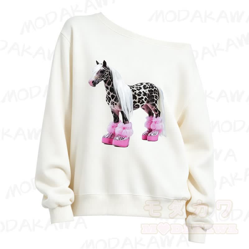 MMODAKAWA Cute Spotted Horse Print Slant Shoulder Long Sleeve Sweatshirt - White - 3XL - image 2