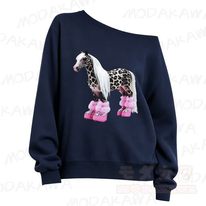 MMODAKAWA Cute Spotted Horse Print Slant Shoulder Long Sleeve Sweatshirt - Navy Blue - 3XL - image 6
