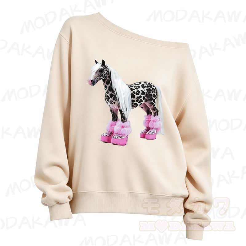 MMODAKAWA Cute Spotted Horse Print Slant Shoulder Long Sleeve Sweatshirt - Apricot - 3XL - image 3