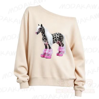 MMODAKAWA Cute Spotted Horse Print Slant Shoulder Long Sleeve Sweatshirt - Apricot - 3XL - image 3
