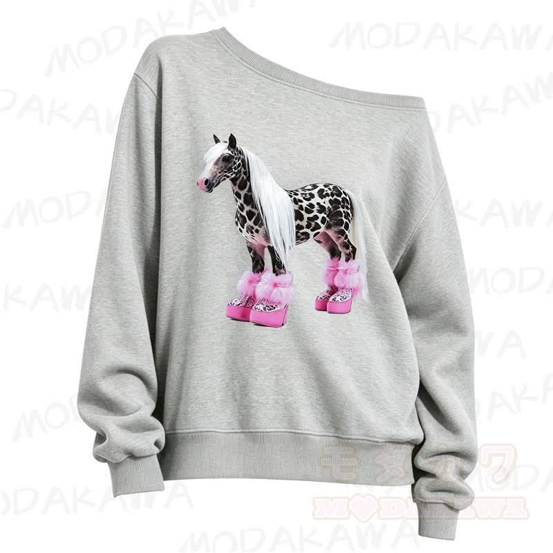MMODAKAWA Cute Spotted Horse Print Slant Shoulder Long Sleeve Sweatshirt - Grey - 3XL - image 5