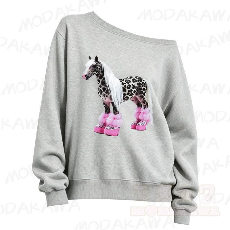 MMODAKAWA Cute Spotted Horse Print Slant Shoulder Long Sleeve Sweatshirt - Grey - 3XL - image 5
