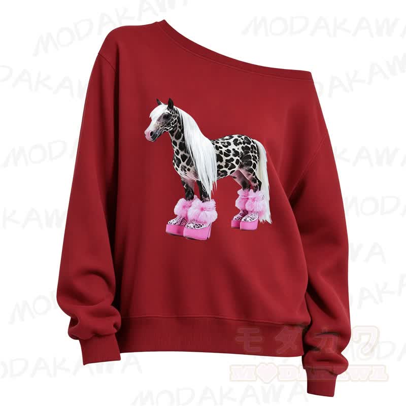 MMODAKAWA Cute Spotted Horse Print Slant Shoulder Long Sleeve Sweatshirt - Red - 3XL - image 4