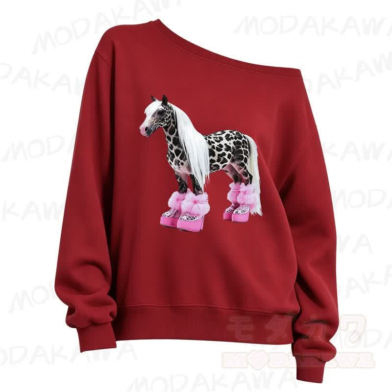 MMODAKAWA Cute Spotted Horse Print Slant Shoulder Long Sleeve Sweatshirt - Red - 3XL - image 4