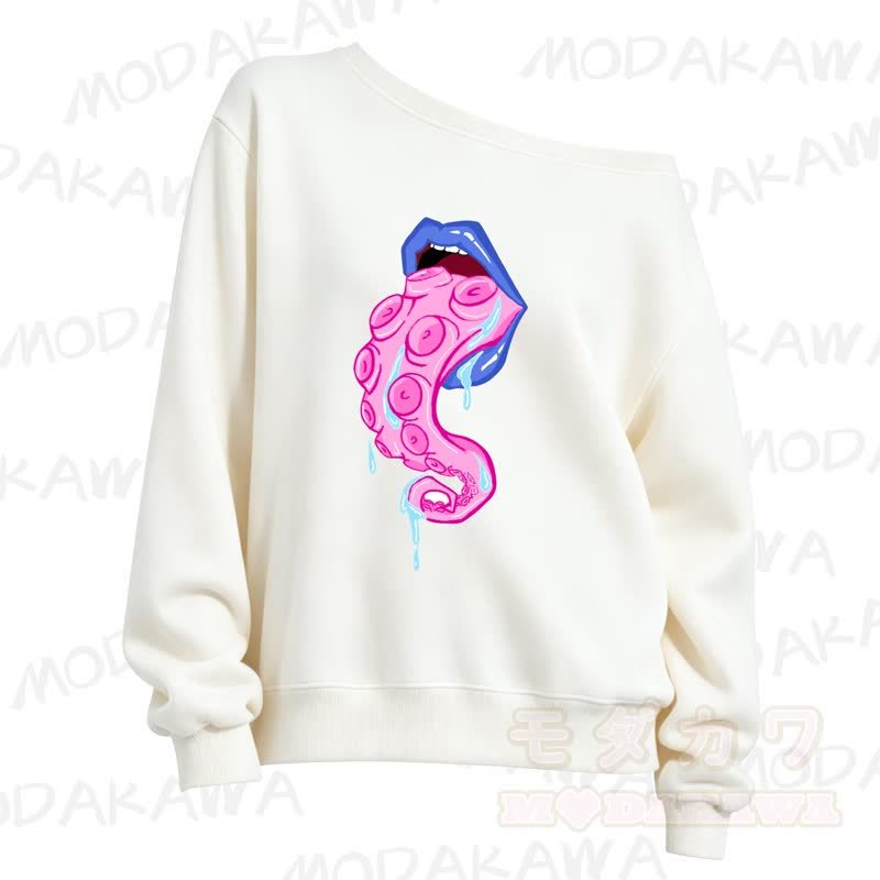 MMODAKAWA Lips Octopus Tentacle Print Slant Shoulder Sweatshirt - White - 3XL - image 3