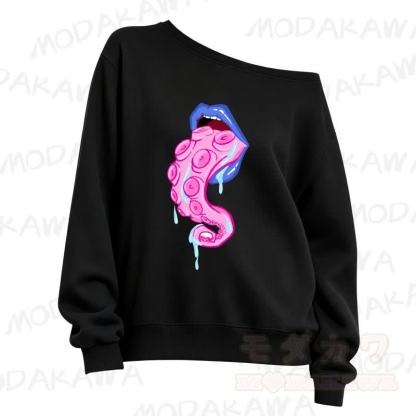 MMODAKAWA Lips Octopus Tentacle Print Slant Shoulder Sweatshirt - Black - 3XL - image 2