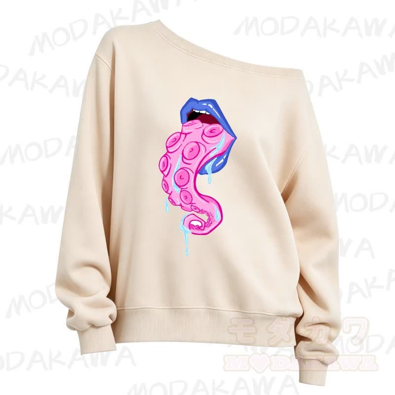MMODAKAWA Lips Octopus Tentacle Print Slant Shoulder Sweatshirt - Apricot - 3XL - image 4