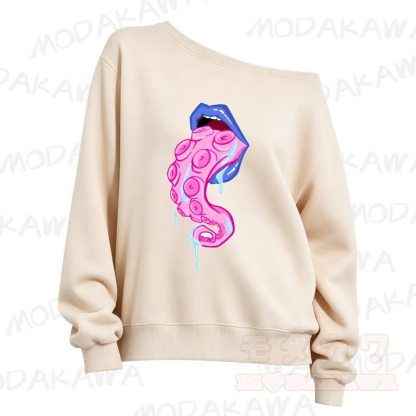 MMODAKAWA Lips Octopus Tentacle Print Slant Shoulder Sweatshirt - Apricot - 3XL - image 4
