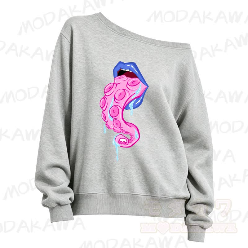 MMODAKAWA Lips Octopus Tentacle Print Slant Shoulder Sweatshirt - Grey - 3XL - image 6