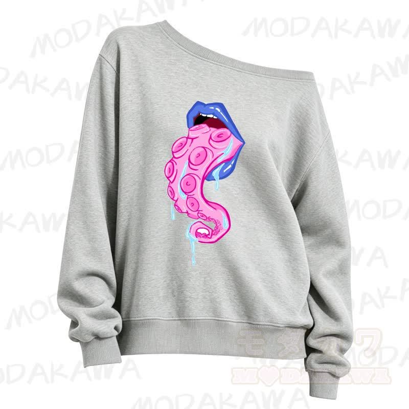 MMODAKAWA Lips Octopus Tentacle Print Slant Shoulder Sweatshirt - Grey - 3XL - image 6