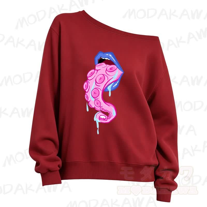 MMODAKAWA Lips Octopus Tentacle Print Slant Shoulder Sweatshirt - Red - 3XL - image 5