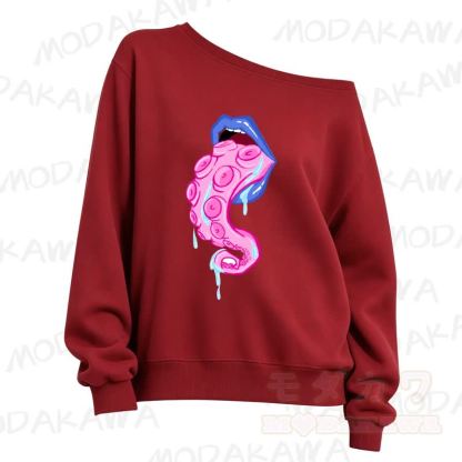 MMODAKAWA Lips Octopus Tentacle Print Slant Shoulder Sweatshirt - Red - 3XL - image 5