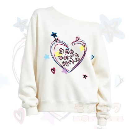MMODAKAWA SIZE DOESN'T MATTER Heart Print Slant Shoulder Sweatshirt - White - 3XL - image 3