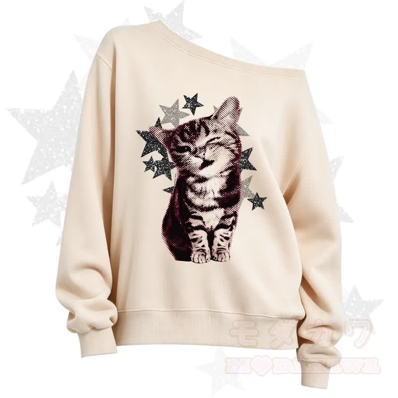 MODAKAWA Star Cat Print Slant Shoulder Sweatshirt - Beige - 3XL - image 1