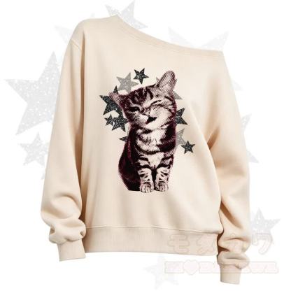 MODAKAWA Star Cat Print Slant Shoulder Sweatshirt - Beige - 3XL - image 1