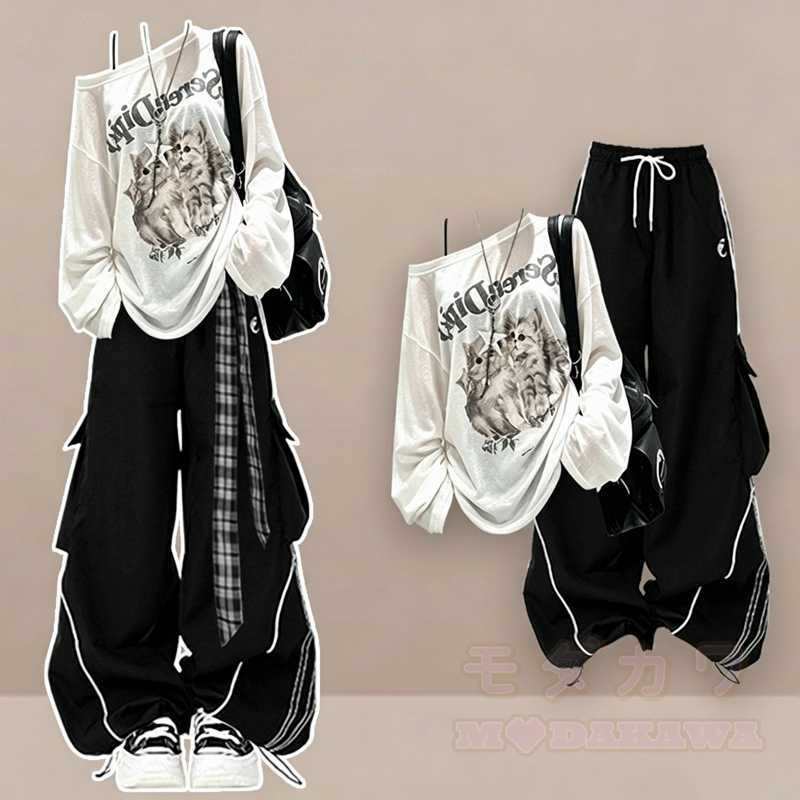 Vintage Cat Print Off Shoulder Long Sleeve Top Cargo Pants Two Pieces Set - image 1