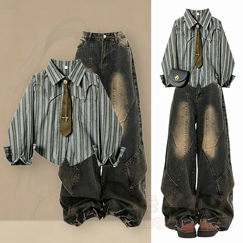 Vintage Stripe Shirt Washed Wide Leg Denim Pants Two Pieces Set - Set - 3XL - image 1