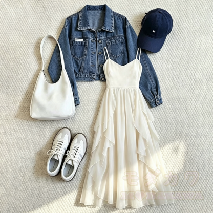 Vintage Cropped Denim Jacket Ruffle Chiffon Cami Dress Two Pieces Set  - image 1