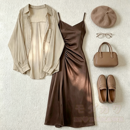 Elegent Long Sleeves Shirt Ruched Spaghetti Strap Dress Two Pieces Set  - image 1