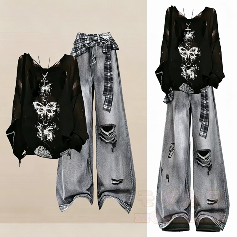 Y2K Gothic Butterfly Print Long Sleeve Top Ripped Distressed Jeans Two Pieces Set - image 1