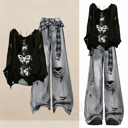 Y2K Gothic Butterfly Print Long Sleeve Top Ripped Distressed Jeans Two Pieces Set - image 1