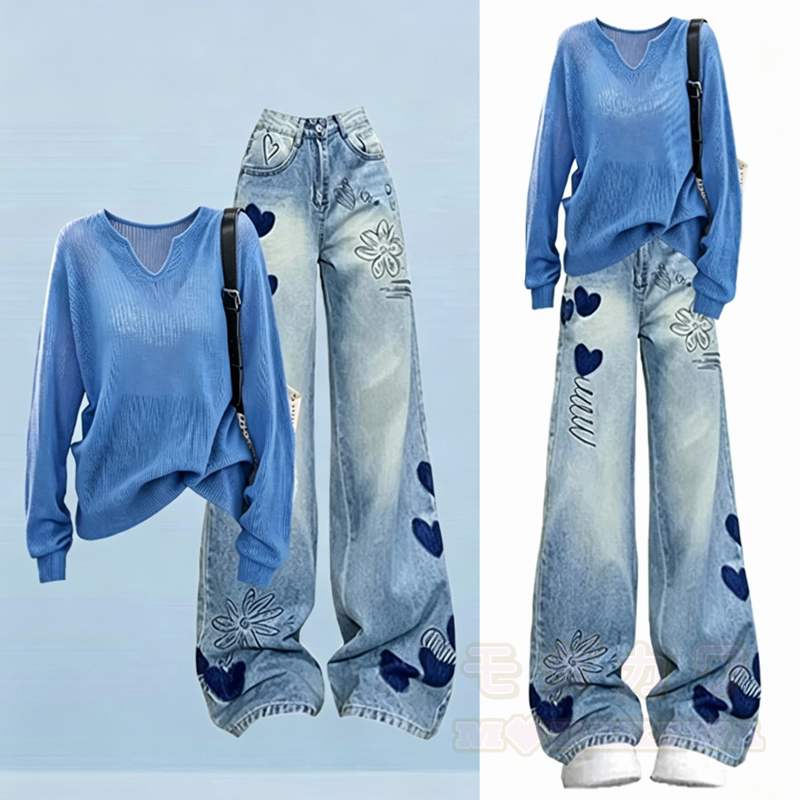 Vintage Knit Long Sleeve Top Heart Floral Embroidery Jeans Two Pieces Set - image 1