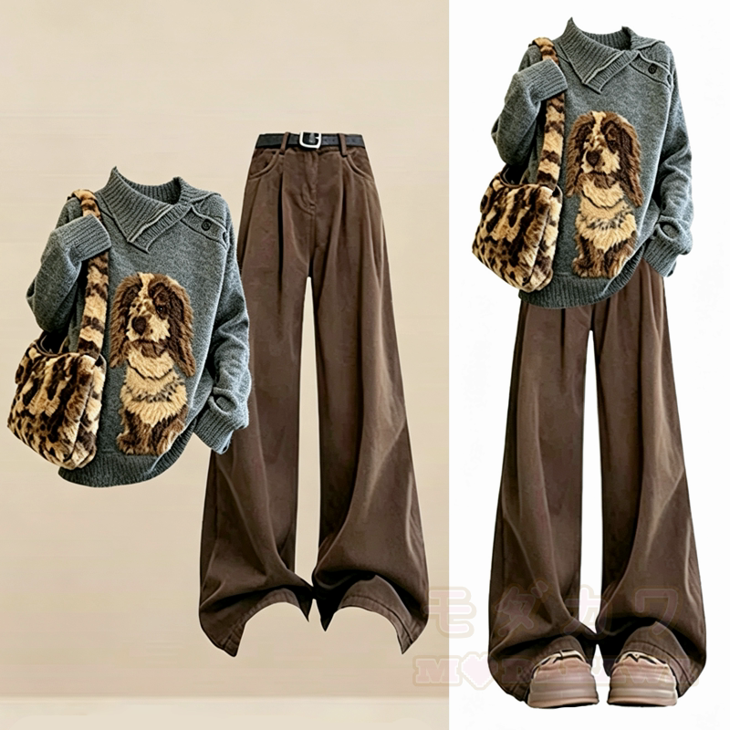 Vintage Dog Embroidery Knit Sweater Wide Leg Pants Two Pieces Set - Set - 3XL - image 1