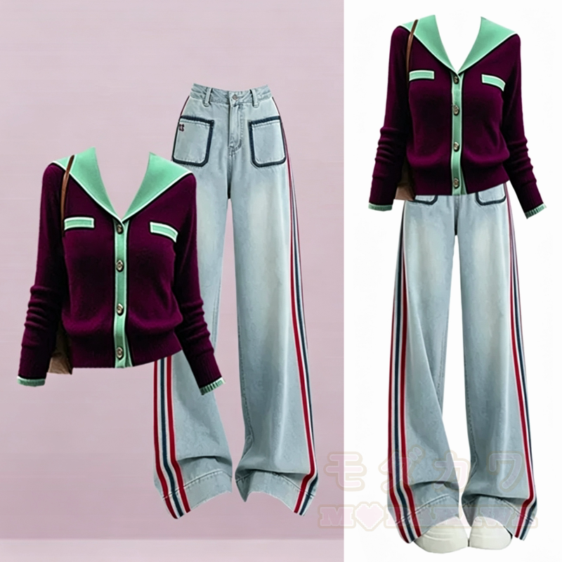 Casual Sailor Collar Knit Cardigan Striped Denim Pants Two Pieces Set - Set - 3XL - image 1