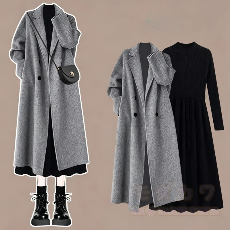 Vintage Long Loose Double‑Breasted Outerwear And Dress Two Pieces Set  - Set - XL - image 1
