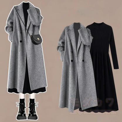 Vintage Long Loose Double‑Breasted Outerwear And Dress Two Pieces Set  - Set - XL - image 1