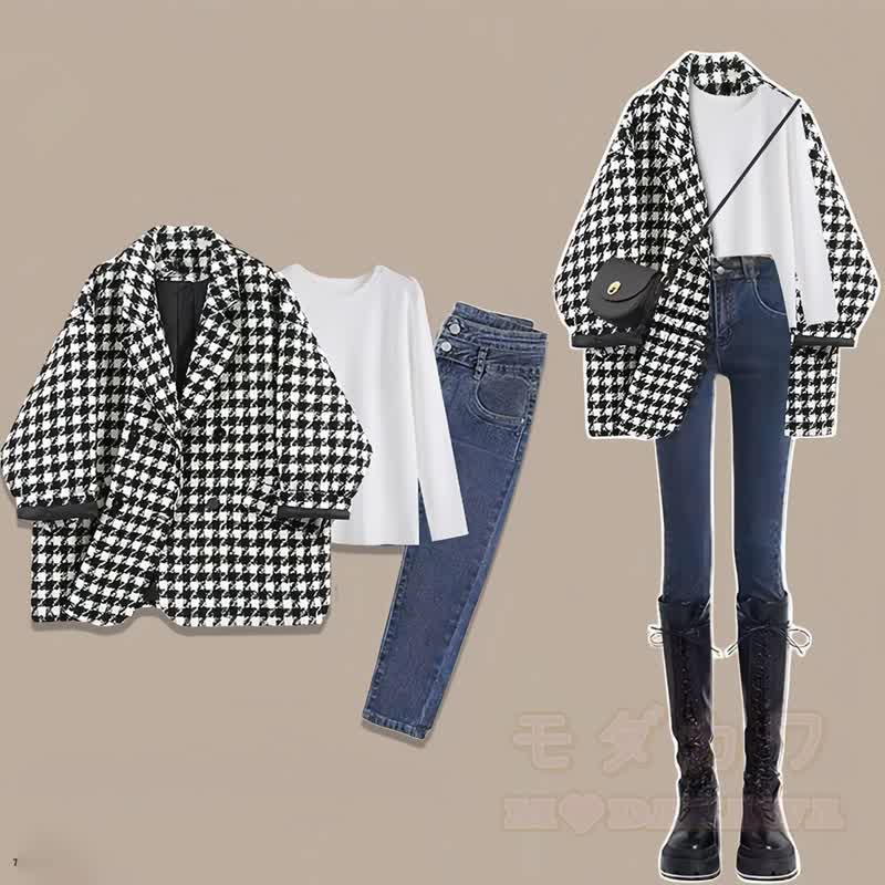 Plaid Blazer White Basic Tee Skinny Denim Jeans Three Pieces Set - White Set - 2XL - image 1
