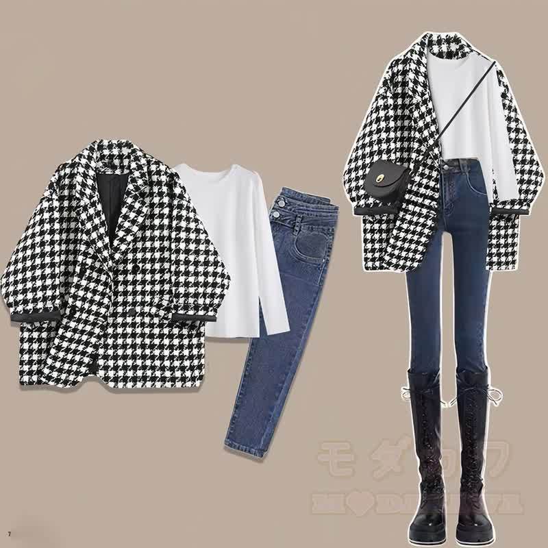 Plaid Blazer White Basic Tee Skinny Denim Jeans Three Pieces Set - White Set - 2XL - image 1