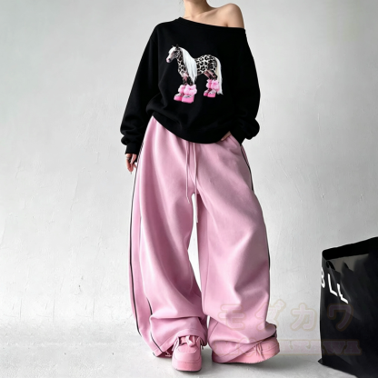 Y2K Horse Print Off‑Shoulder Sweatshirt Drawstring Pants Two Pieces Set - image 1