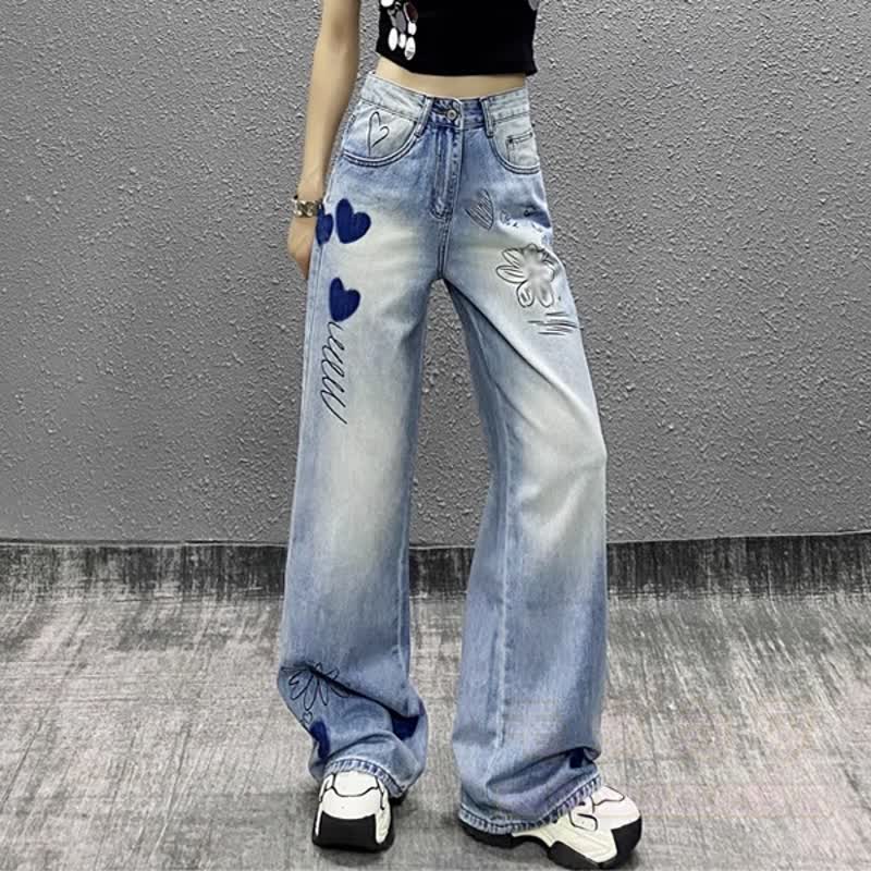 Vintage Knit Long Sleeve Top Heart Floral Embroidery Jeans Two Pieces Set - image 7