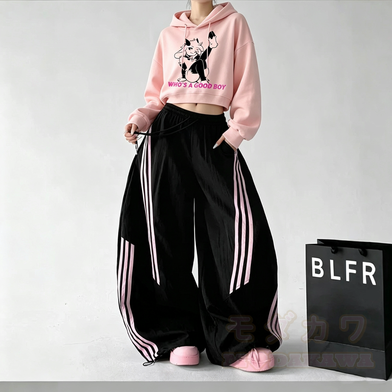 Goat Print Cropped Hoodie Striped Wide‑Leg Pants Two Pieces Set - image 1