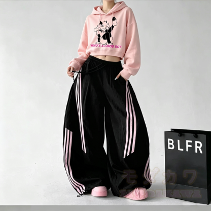 Goat Print Cropped Hoodie Striped Wide‑Leg Pants Two Pieces Set - image 1