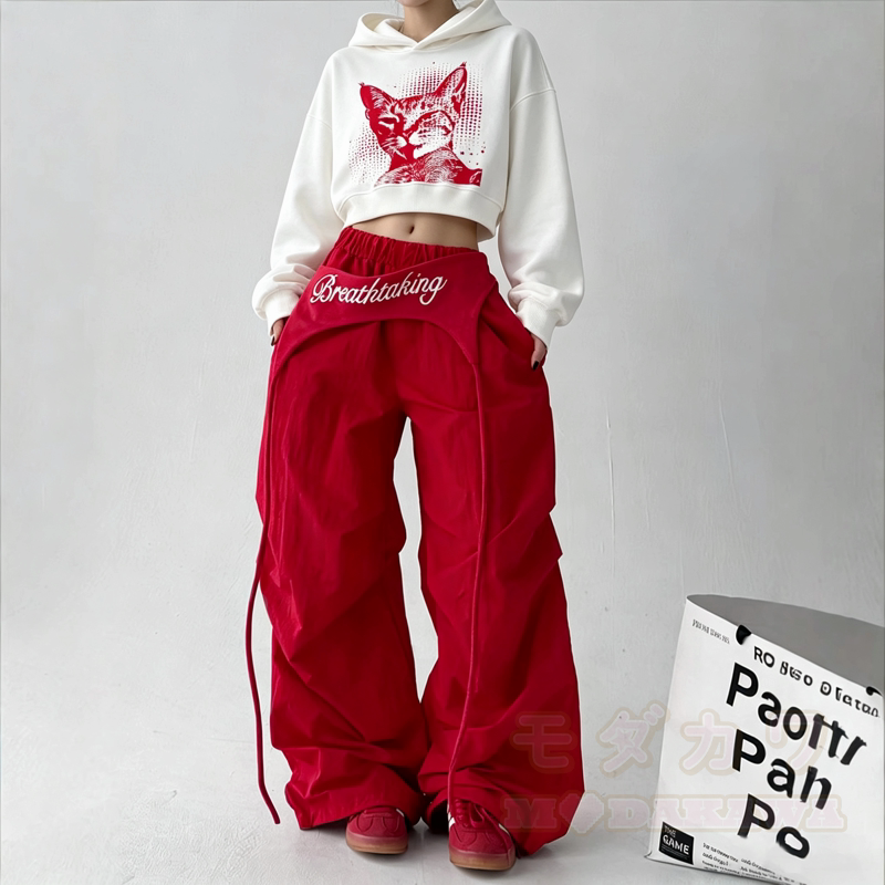 Vintage Cat Print Cropped Hoodie Layered Wide Leg Pants Two Pieces Set - image 1