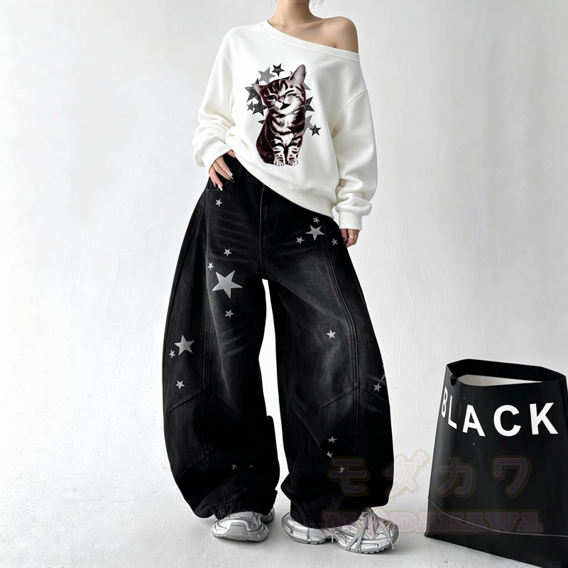 Vintage Cat Print Off‑Shoulder Sweatshirt Star Patch Jeans Two Pieces Set - image 1