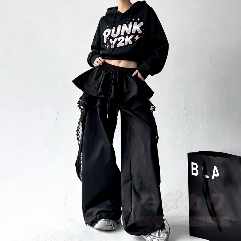 Y2K Punk Cropped Hoodie Lace Ruffle Layered Pants Two Pieces Set - image 1