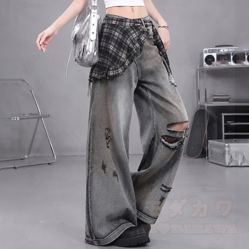 Y2K Gothic Butterfly Print Long Sleeve Top Ripped Distressed Jeans Two Pieces Set - Pants - 2XL - image 5