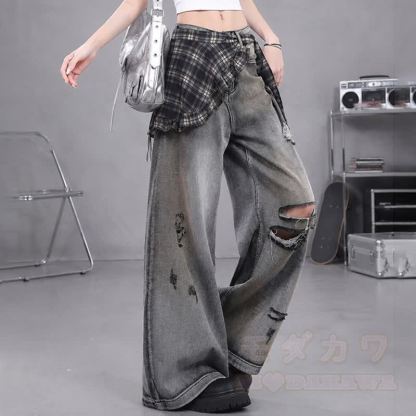 Y2K Gothic Butterfly Print Long Sleeve Top Ripped Distressed Jeans Two Pieces Set - Pants - 2XL - image 5