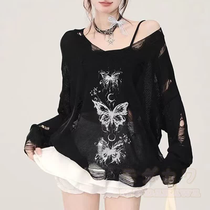 Y2K Gothic Butterfly Print Long Sleeve Top Ripped Distressed Jeans Two Pieces Set - Black Top - 2XL - image 2